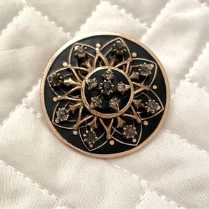 Round Black Enamel & Faceted Black Rhinestone Pin/Pendant